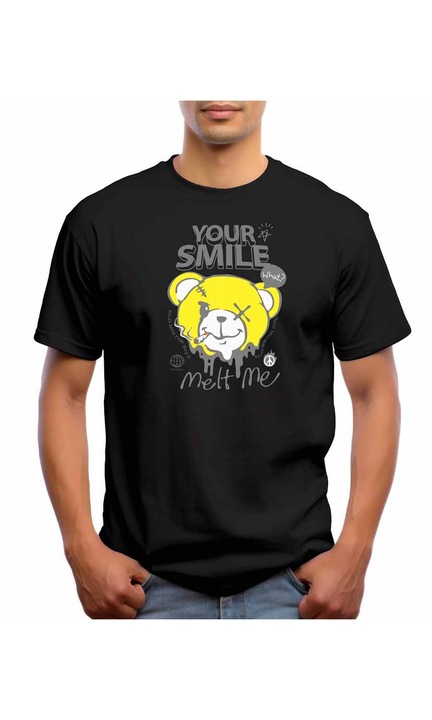 Bestcase® Tricou barbati cu Imprimeu Bear - Your Smile Melt Me, Regular fit, Maneca scurta, NB678, Negru, XL