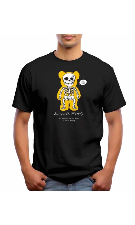 Bestcase Férfi mintás póló, Bear - Be Happy, pamut, kerek nyakú, NB680, Fekete