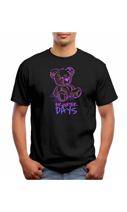 Bestcase Férfi mintás póló, Bear - Brighter days, pamut, kerek nyakú, NB684, Fekete