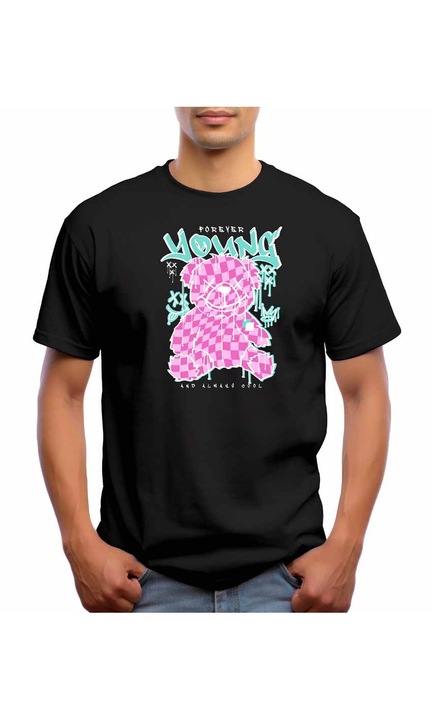 Bestcase Férfi mintás póló, Young Teddy Bear, pamut, kerek nyakú, NB687, Fekete