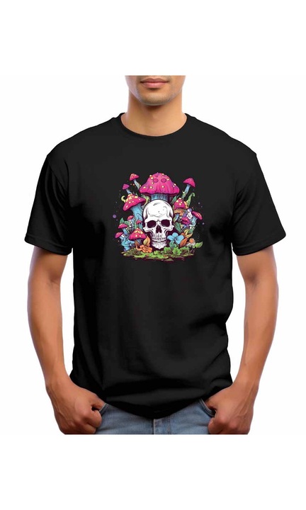 Bestcase Férfi mintás póló, Psychedelic Mushroom Skull, pamut, kerek nyakú, NB702, Fekete