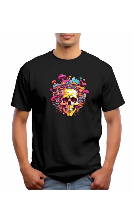 Bestcase Férfi mintás póló, Psychedelic Mushroom Skull, pamut, kerek nyakú, NB701, Fekete