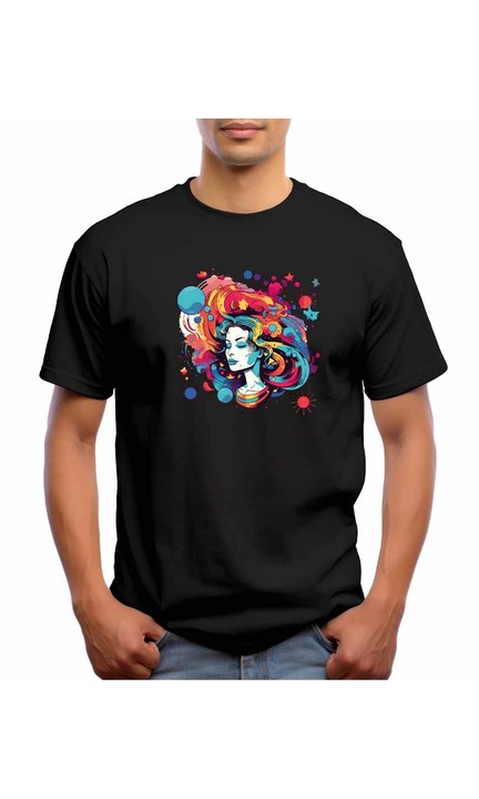 Bestcase Férfi mintás póló, Psychedelic Woman, pamut, kerek nyakú, NB705, Fekete