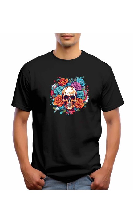 Bestcase Férfi mintás póló, Skull - Roses, pamut, kerek nyakú, NB707, Fekete