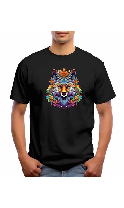 Bestcase Férfi mintás póló, Wolf, pamut, kerek nyakú, NB710, Fekete