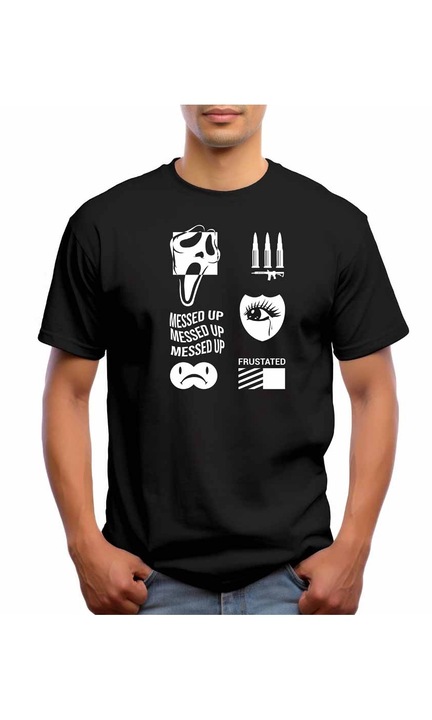 Bestcase Férfi mintás póló, Messed Up, pamut, kerek nyakú, NB723, Fekete