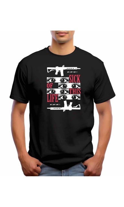 Bestcase Férfi mintás póló, Sick Of Life, pamut, kerek nyakú, NB734, Fekete