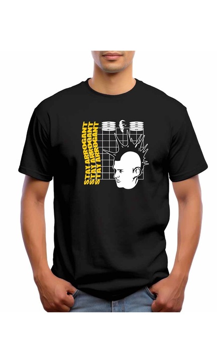 Bestcase Férfi mintás póló, Star arrogant, pamut, kerek nyakú, NB736, Fekete