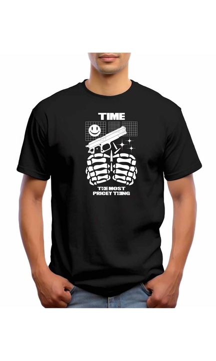 Bestcase Férfi mintás póló, Time the most pricey thing, pamut, kerek nyakú, NB740, Fekete