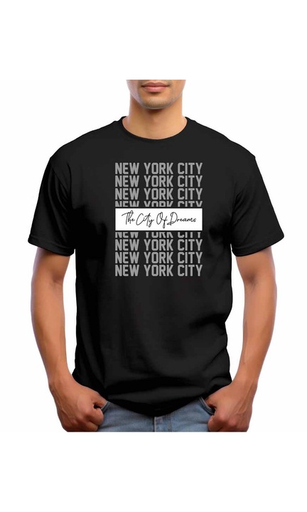 Bestcase Férfi mintás póló, New York - City of dreams, pamut, kerek nyakú, NB772, Fekete