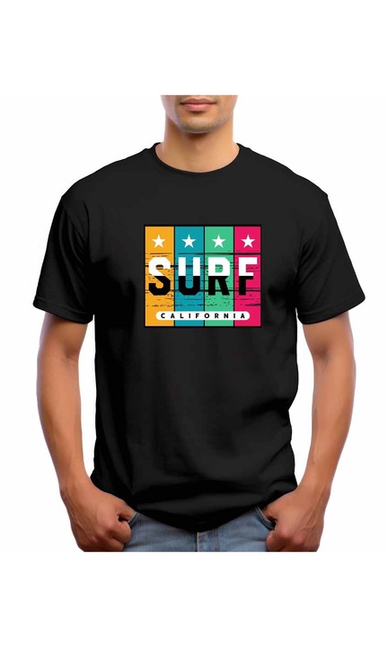 Bestcase Férfi mintás póló, Surf - Summer collection, pamut, kerek nyakú, NB767, Fekete