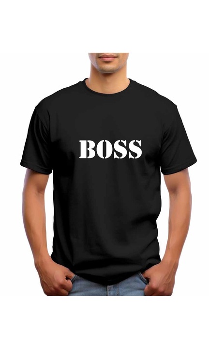 Bestcase Férfi mintás póló, BOSS, pamut, kerek nyakú, NB777, Fekete