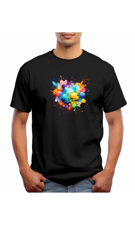 Bestcase Férfi mintás póló, Color splassh, pamut, kerek nyakú, NB786, Fekete