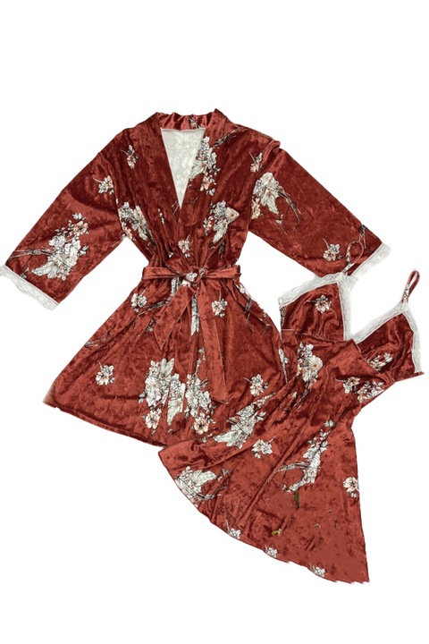 Set pijama 2 piese cu aspect catifelat si insertii dantela, halat si camasa de noapte TY-SR018visiniu 106089, Visiniu, One Size