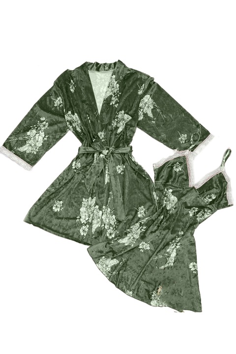Set pijama 2 piese cu aspect catifelat si insertii dantela, halat si camasa de noapte TY-SR018verde 106091, Verde, One Size