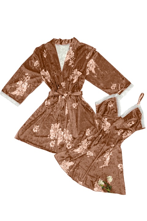 Set pijama 2 piese cu aspect catifelat si insertii dantela, halat si camasa de noapte TY-SR018roz 106092, Roz, One Size