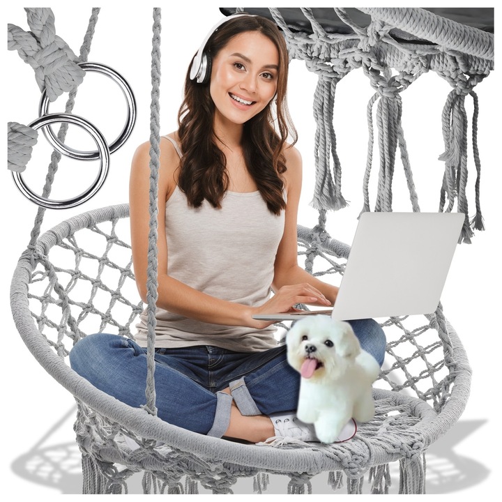 Scaun rotund tip leagan suspendat GALAXIA®, capacitate de incarcare pana la 150 kg, stil Boho, Gri