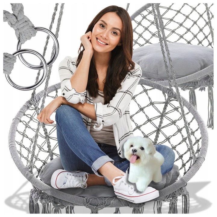 Scaun rotund tip leagan suspendat cu perna GALAXIA®, stil Boho, capacitate de incarcare pana la 150 kg, Gri