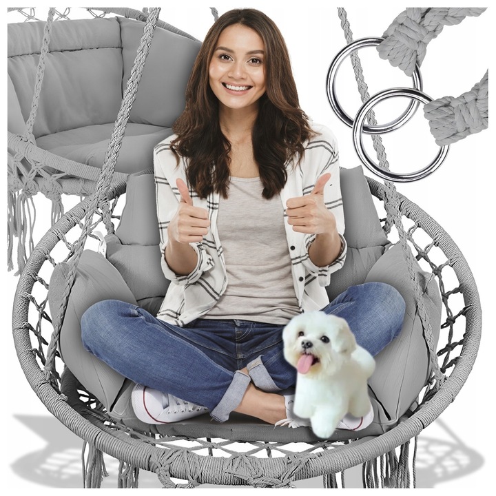 Кръгъл висящ стол-люлка с възглавница GALAXIA, товароносимост до 150 кг, стил Бохо, сив