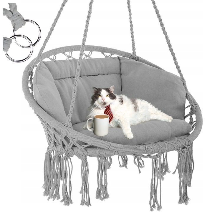 Кръгъл висящ стол-люлка с възглавница GALAXIA, товароносимост до 150 кг, стил Бохо, сив