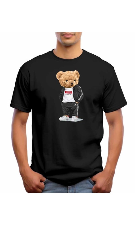 Bestcase Férfi mintás póló, Love Your Self - Bear, pamut, kerek nyakú, NB807, Fekete