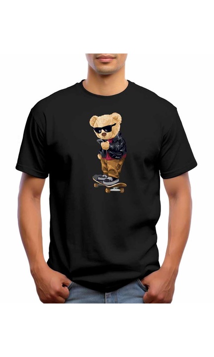 Bestcase Férfi mintás póló, Skater Bear, pamut, kerek nyakú, NB810, Fekete