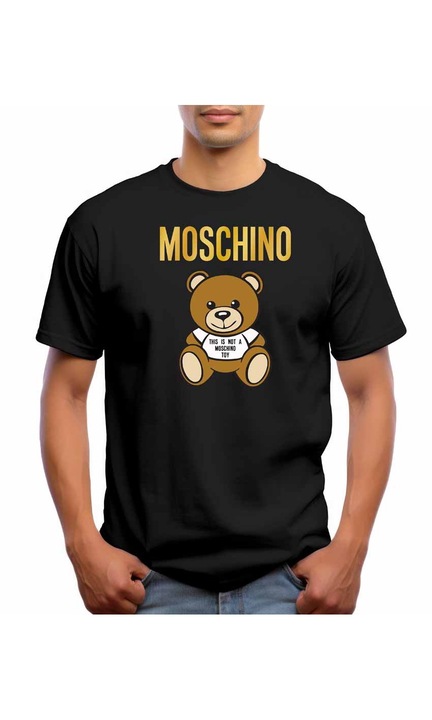 Bestcase Férfi mintás póló, It's Not a Moshino Bear, pamut, kerek nyakú, NB811, Fekete