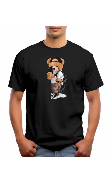 Bestcase Férfi mintás póló, Selfie Bear, pamut, kerek nyakú, NB813, Fekete