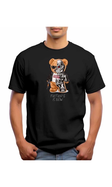 Bestcase Férfi mintás póló, Half Bear Half Robot, pamut, kerek nyakú, NB816, Fekete