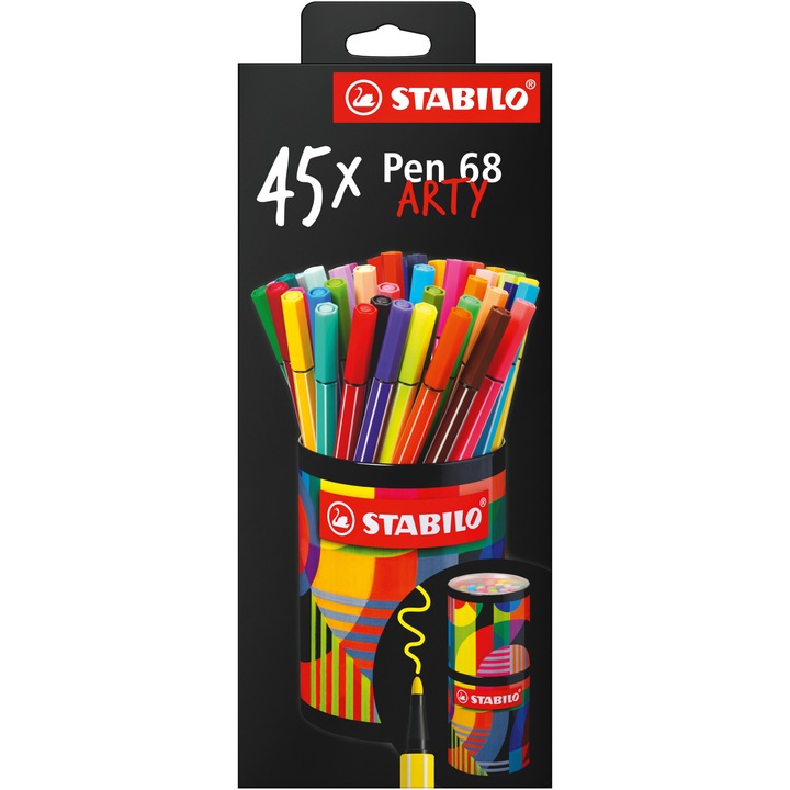 Carioca Stabilo Pen 68, 1 mm, 45 culori / set, suport pahar metalic
