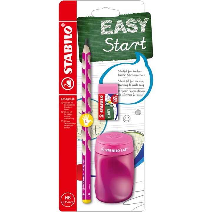 Creion grafit Stabilo EASYgraph, 3.15 mm, HB, ergonomic, pentru stangaci, ascutioare, radiera, pink, blister