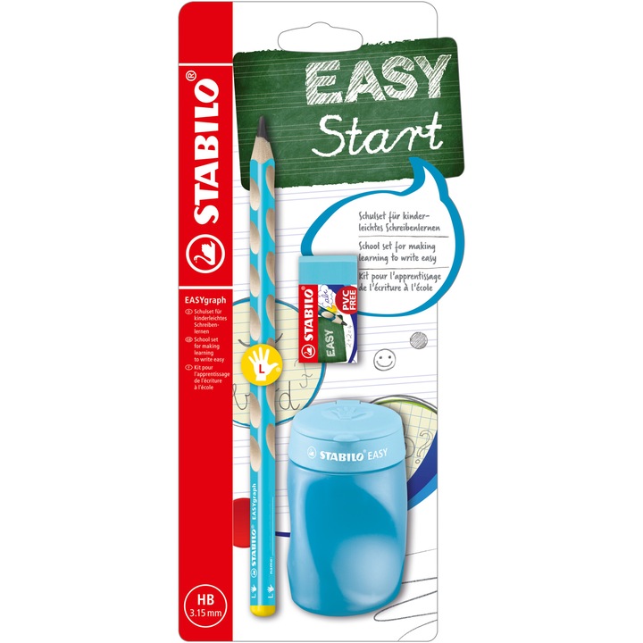Creion grafit Stabilo EASYgraph, 3.15 mm, HB, ergonomic, pentru stangaci, ascutioare, radiera, blue, blister