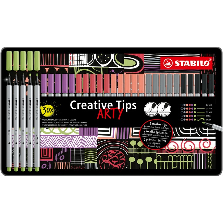 Stabilo Creative Tips, 6 culori mix 2 x 0.2, 0.4, 0.7, 1 mm, brush, 30 bucati / set, cutie metalica Arty