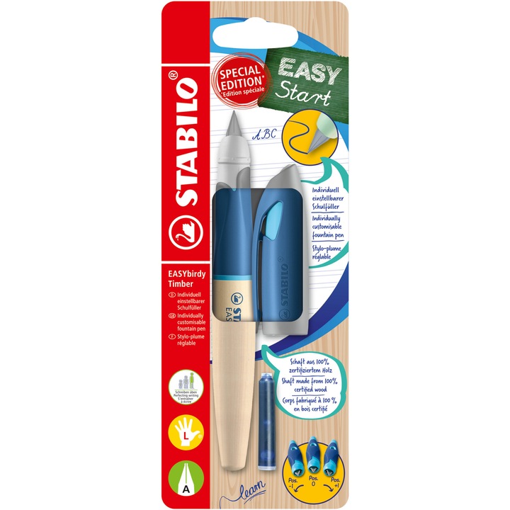 Писалка Stabilo EASYbirdy Timber, A, За левичари, Син, 1 резерва, Дървен корпус, Блистер