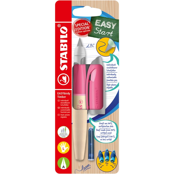 Писалка Stabilo EASYbirdy Timber, A, За левичари, Розов, 1 резерва, Дървен корпус, Блистер