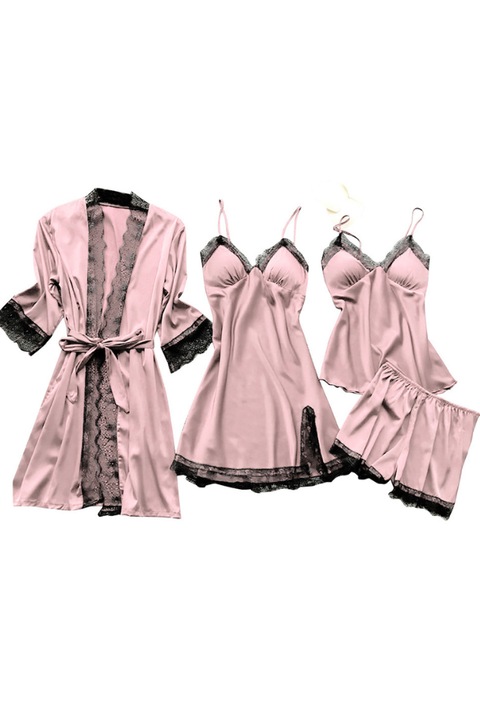 Set pijama, 4 piese, satin si dantela, halat, rochie, bluza si pantalon scurt, Roz pudrat