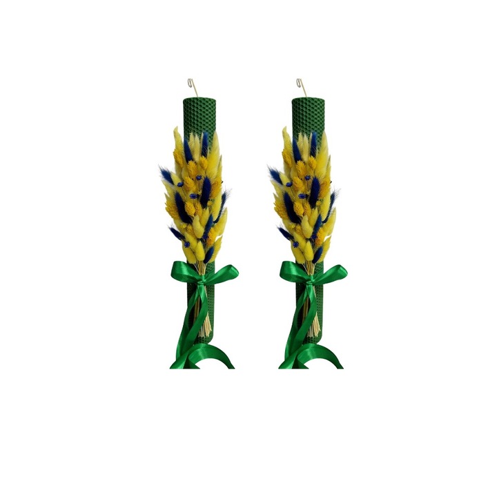 Set 2 lumanari cununie, nunta sau botez din ceara naturala, decorate cu flori naturale uscate, verde cu plante albastre, 40.5 cm