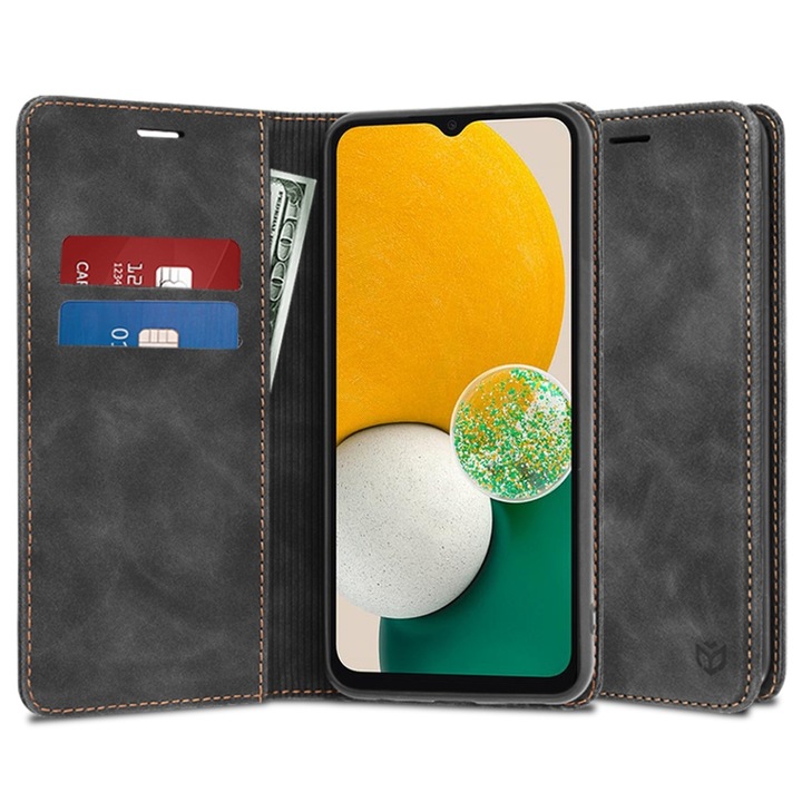 Husa pentru Samsung Galaxy A13 5G / Galaxy A04S, SKYDDAR INNOVATION, Soft Wallet, tip Carte din piele Eco Premium, cu Portofel Interior, Negru, set cu sticker