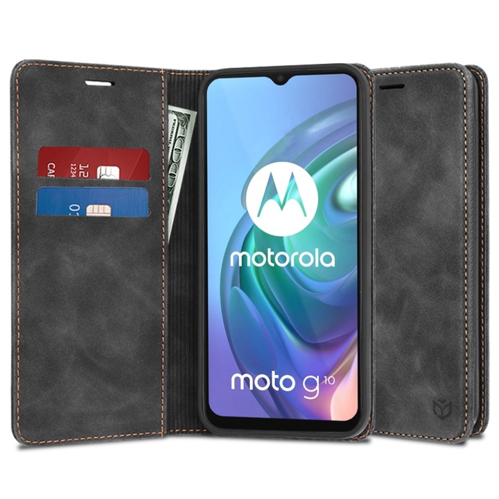 Husa pentru Motorola Moto G30 / Moto G10 / Moto G20, SKYDDAR INNOVATION, Soft Wallet, tip Carte din piele Eco Premium, cu Portofel Interior, Negru, set cu sticker