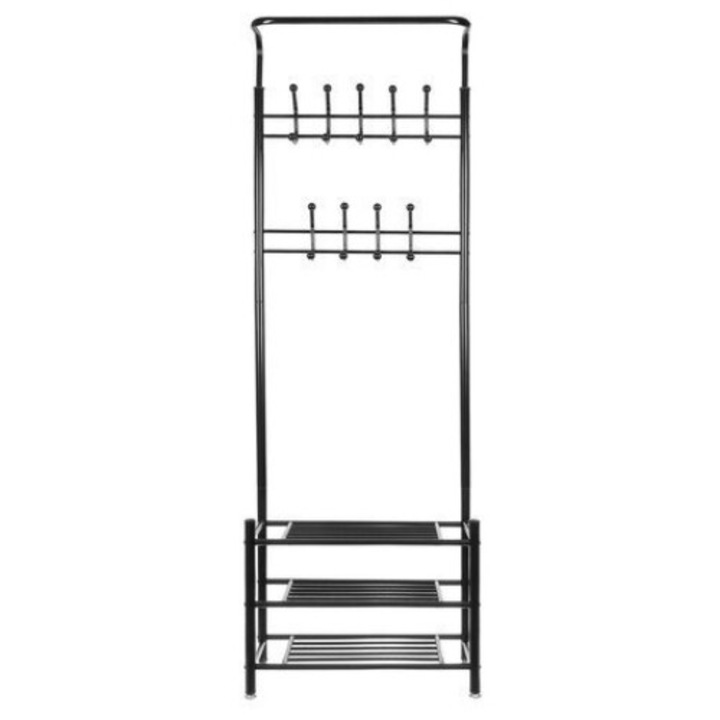 Cuier Ruhhy cu rafturi, Fier, Negru, 9 agatatori, 192x29x65cm