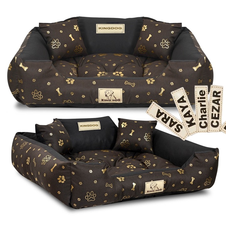 Culcus pentru caini, KingDog, rezistent la apa, model oase aurii, multicolor, 100x75cm