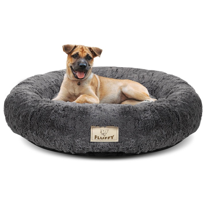 Culcus rotund pentru caini, AIO Factory, Shaggy, antialunecare, demontabil, 100cm, gri inchis, XL