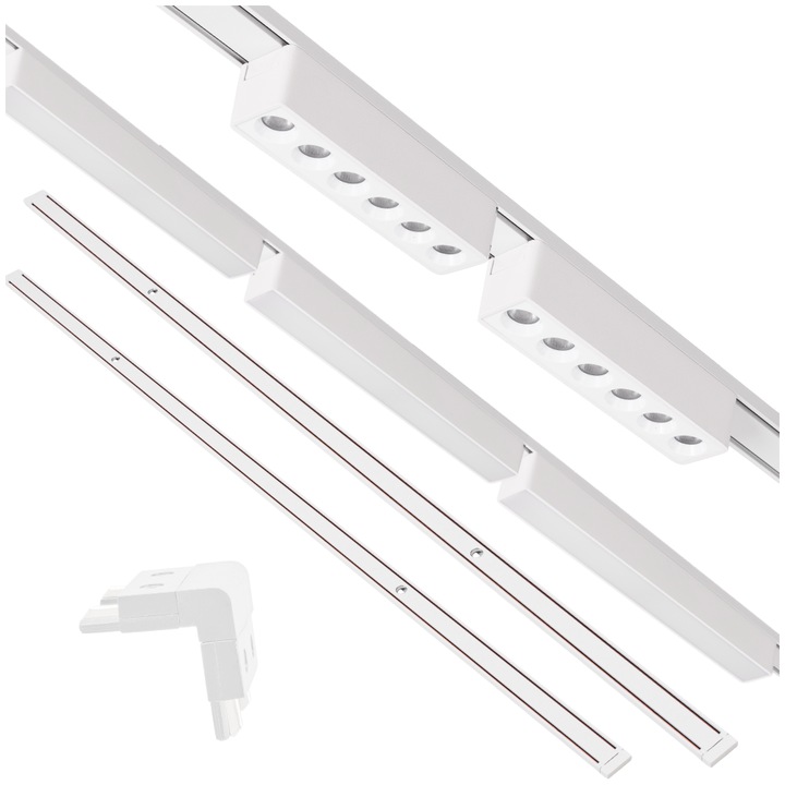 Set iluminat pe sina magnetica, Ledhoff, B8321, 2x Profil sina 1m, 5x Spot LED liniar, conector vertical, 6W/12W, 4000K, IP20, 480lm/560lm, 24°/150°, DC48V, CE, clasa de eficienta energetica G, Alb