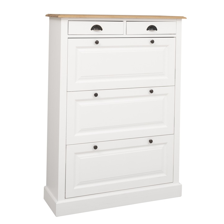 Pantofar cu 3 usi si 2 sertare, blat stejar, culoare blat maro deschis P061, culoare corp alb P004, dublu color, 100% lemn masiv, 103x35x140 cm