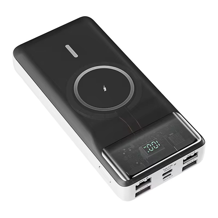 Powerbank 20000 mAh fehér Konfulon M17W, 4 USB kimenet + 1 Type-C PD 20 W kimenet, USB 22,5 W, vezeték nélküli töltés 15 W