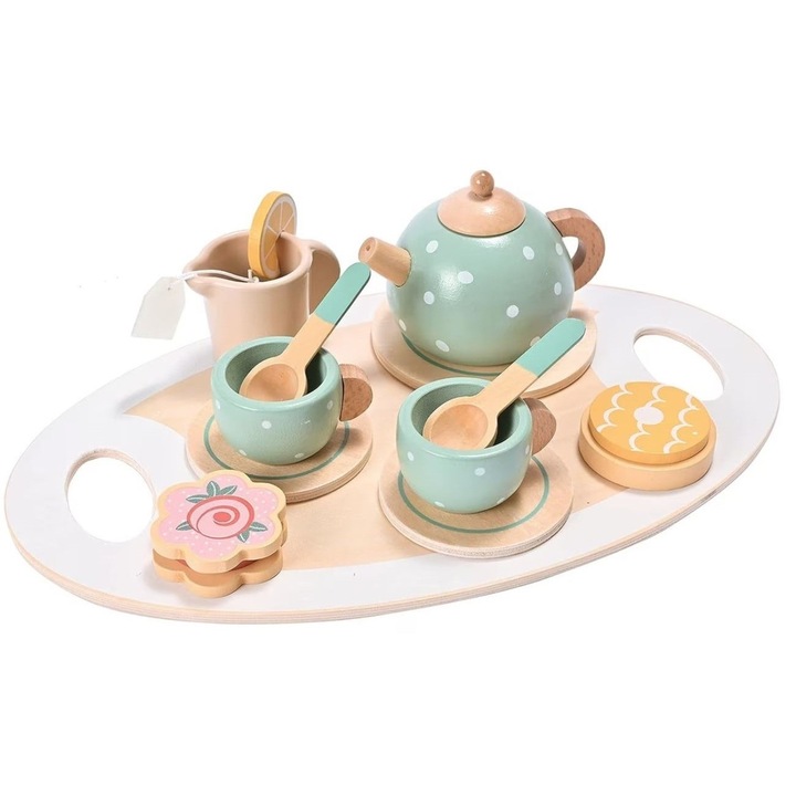 Set de Ceai, din Lemn, 15 Piese, Vopsea Ecologica, +36 Luni, Multicolor Pastel, Avaleea