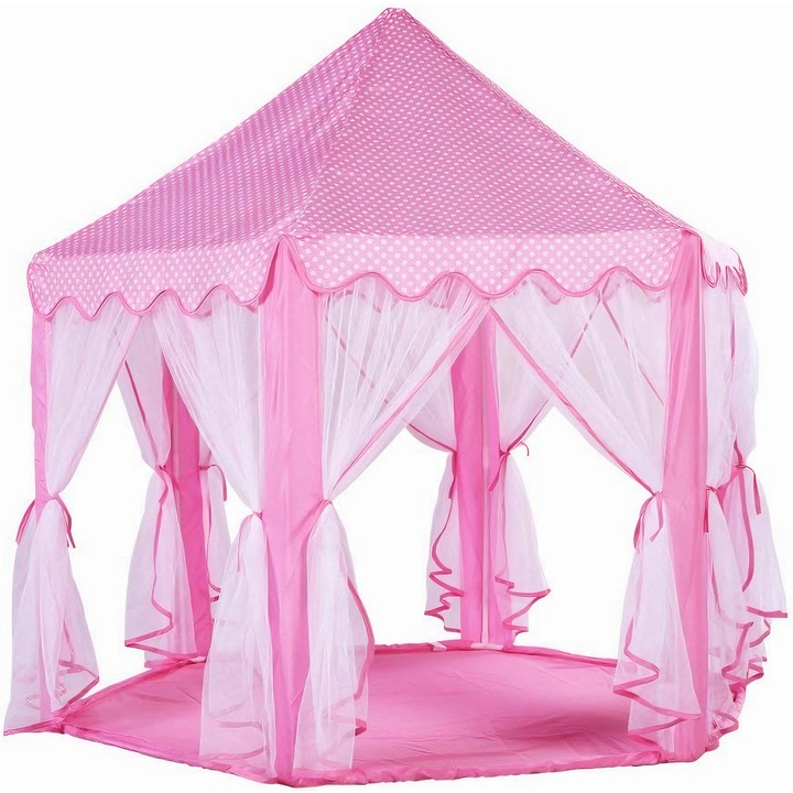Детска палатка за игра VarioShop, заострена горна част, прозрачни завеси, голям размер, закрито/външно, 135x135x140 см, розов