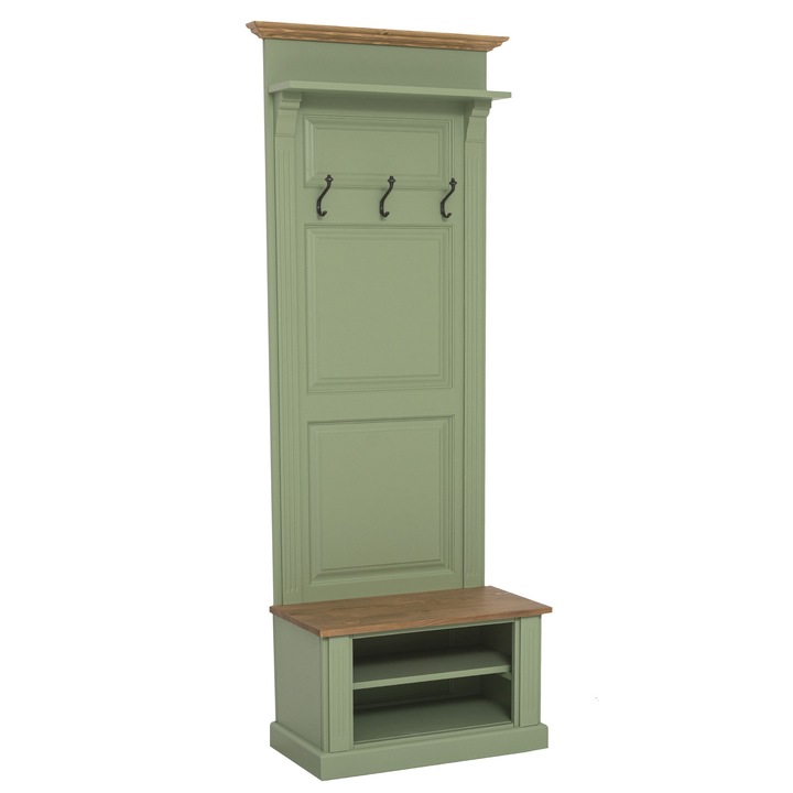 Cuier cu spatiu deschis, culoare verde deschis P054, culoare blat si cornisa maro deschis P001, dublu color, 100% lemn masiv, 80x41x210 cm