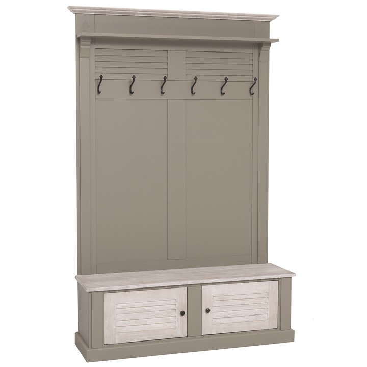 Cuier cu design Shutter cu doua usi, culoare gri P030, culoare blat, usi si cornisa crem P080, dublu color, 100% lemn masiv, 140x41x210 cm