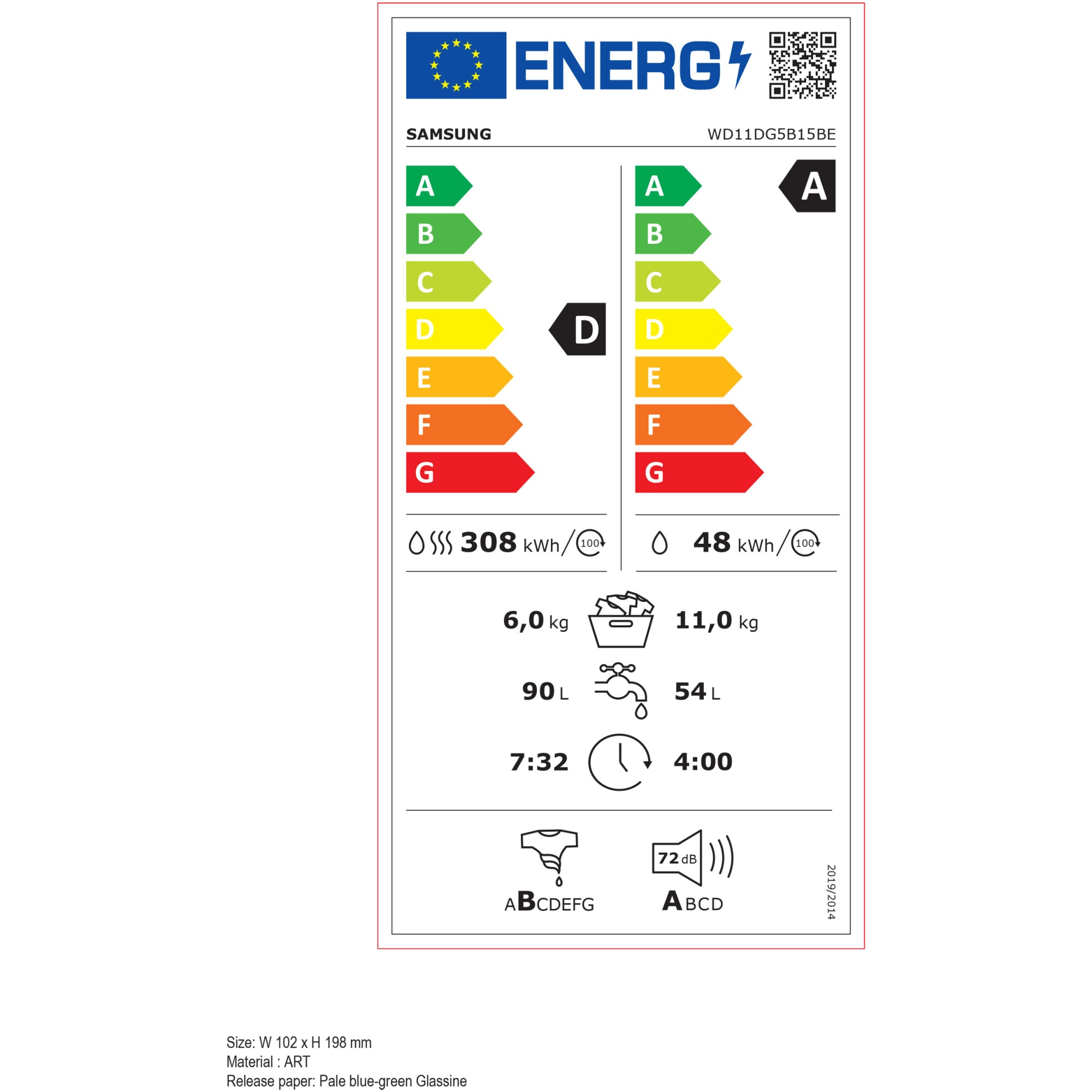 Masina de spalat rufe cu uscator Samsung WD11DG5B15BELE, Spalare 11 kg, Uscare 6 kg, 1400 RPM, Clasa D, AI Ecobubble, WiFi, Alb